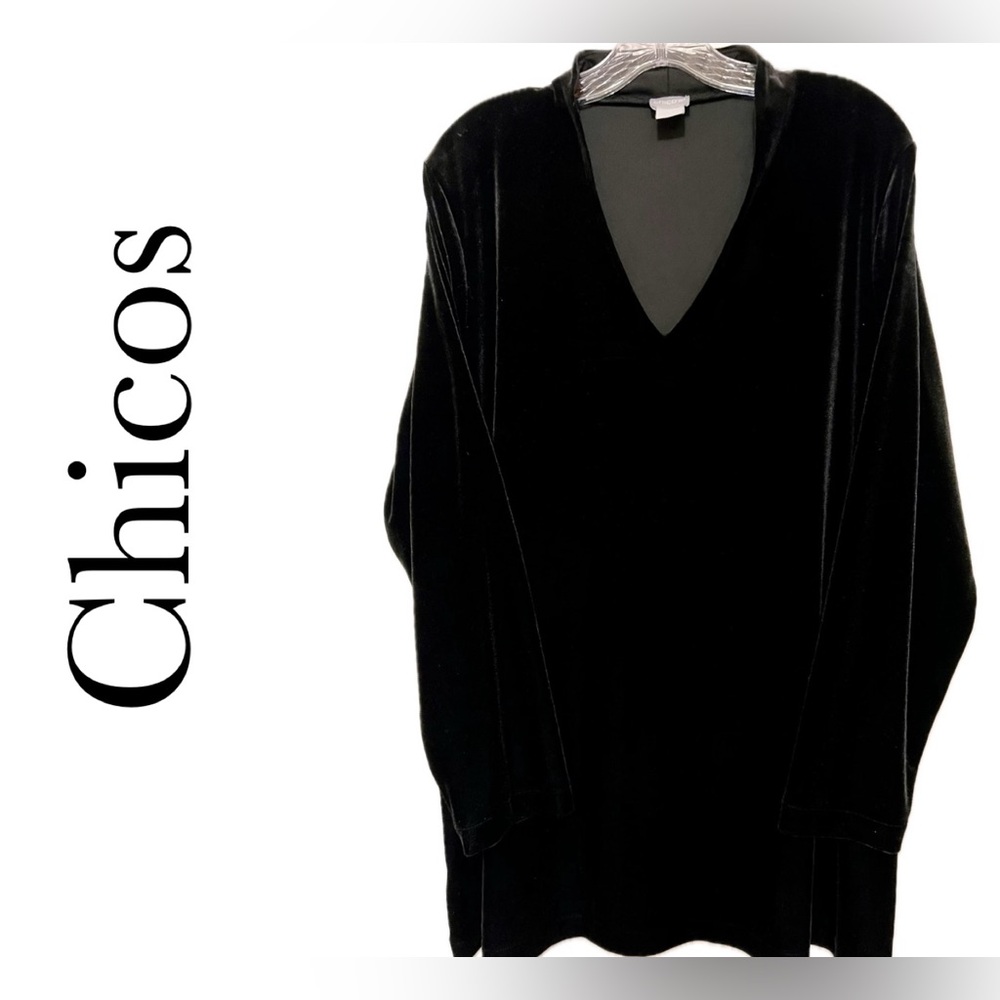 CHICO’S TUNIC TOP BLACK SHIMMERING SOFT VELVET MSRP $109.  SIZE:3 Never worn